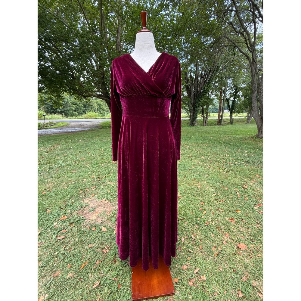 Urban CoCo Womens Velvet Maxi Dress Burgundy V-Neck Long Sleeve Empire Waist M